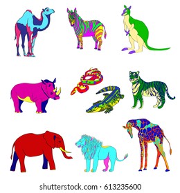 Vector illustration, the image of animals, animals. Multicolored silhouettes. Elephant, kangaroo, camel, lion zebra rhinoceros giraffe snake crocodile and tiger