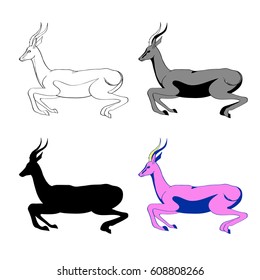 Vector illustration of an image of an antelope in a jump. Black and white line, black silhouette, black and white and gray spot. Multicolored illustration.