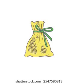 Vector illustration with the image of an aromatic sachet, yellow color on an isolated background. Fabric pouch tied with a ribbon for aromatherapy and spa. Flat cartoon style.