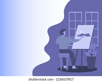 Vector illustration image of an artist, art worker, designer, or painter who is painting a landscape on a relaxing holiday

