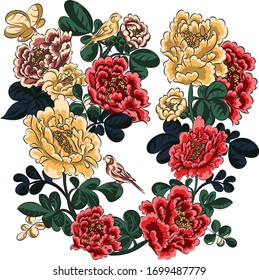 Vector illustration. Image in Asian style. A composition of peonies imitating traditional Chinese painting.