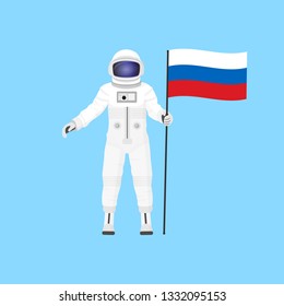 vector illustration with the image of an astronaut (cosmonaut) standing with a Russian flag on a blue background. Russian space program. Russian space association
