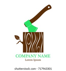 Vector illustration with an image of an ax with a stump. Stump with an ax, isolated on a white background. Wooden woodworking axle or woodcutter logo or badge. Logo. A flat icon.