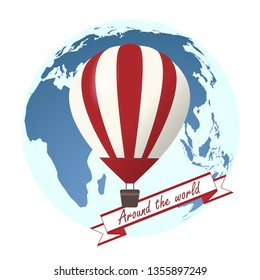 vector illustration with the image of a balloon on the background of the globe with an inscription around the world