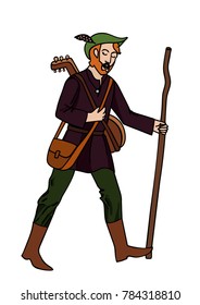 Vector illustration, image of a bard in the style of medieval calligraphic manuscript. Characters of Middle Ages.