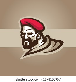 Vector illustration with the image of a bearded soldier in beret. Logo template.