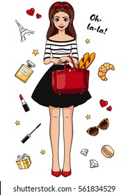 Vector illustration with an image beautiful french fashion. Holiday card with cartoon character