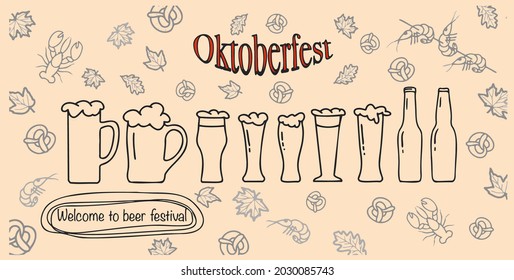 Vector illustration with the image of beer mugs and glasses and beer bottles and with the invitation to the beer festival. Autumn leaves and salty beer pretzels on beige background. Oktoberfest. Invit