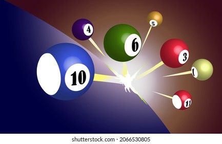 vector illustration with the image of billiard balls in the form of a flash in space for prints on postcards, banners, posters and for interior decoration of billiard clubs and bars
