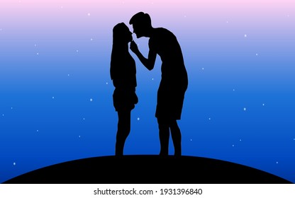 ilustración vectorial de una silueta negra de un hombre con el pecho en topless hasta la cintura, sosteniendo a una chica parada frente a él por la barbilla contra un fondo de un cielo estrellado de gradiente
