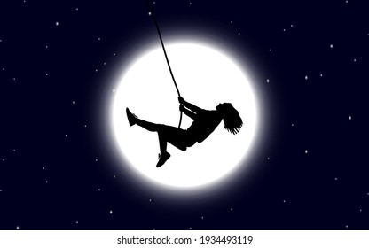 vector illustration image of a black silhouette of a girl with loose hair swinging on a swing against the background of the big moon and the night starry sky