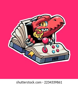 vector illustration with the image of a book resembling an arcade game machine with a dragon coming out of it