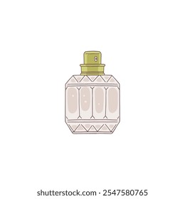 Vector illustration with the image of a bottle of perfume with a spray. Isolated icon with a transparent flask on an isolated white background. Element for design. Flat cartoon style.