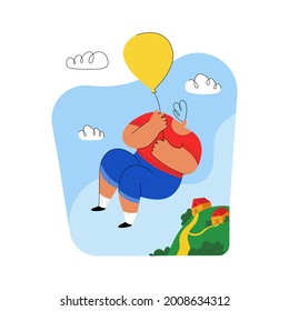 Ilustración vectorial con la imagen de un niño que se asoma en globo sobre la tierra, su casa. Concepto de los deseos de los niños, fantasías, cuentos de hadas, vuelo en globo. Hay un espacio vacío para el texto.