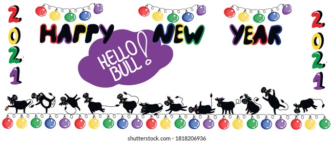 
Vector illustration with the image of a bull, the symbol of 2021. Inscription Happy New Year. Calendar for 2021.