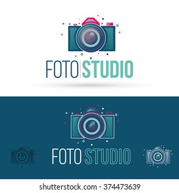 Vector illustration with the image of the camera icons logo in a long colorful linear style, the idea of the logo concept for photographers and studios
