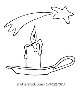 Vector illustration with the image of a candle and a Christmas star. Hand drawn xmas illustrations. Modern design elements for holiday greeting card, gift tag, label, sticker, banner, card