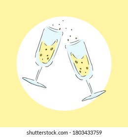 Ilustración vectorial con la imagen de un champán. Ilustraciones de Navidad dibujadas a mano. Elementos modernos de diseño para tarjeta de felicitación de vacaciones, etiqueta de regalo, etiqueta, pegatina, pancarta, tarjeta