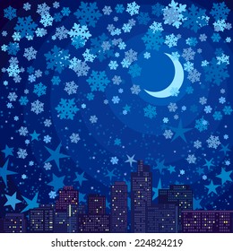 Vector illustration with the image of the city at night with falling snow