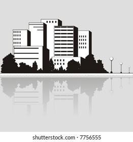 Vector illustration with the image of coast with skyscrapers