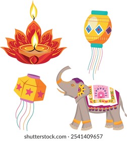 vector illustration image from a collection of icons for the Diwali festival in India in the form of candles, lanterns and decorated elephants