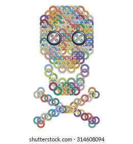 Vector illustration with the image of color knit, woven, embroidered skull with eye-buttons. Macrame.