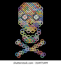 Vector illustration with the image of color knit, woven, embroidered skull with eye-buttons. Macrame.