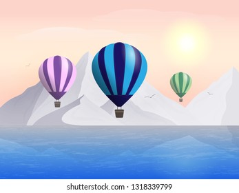 vector illustration with the image of colorful balloons on the panoramic view of the mountains and lake