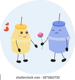 vector illustration image of cute character, fermented milk bottle made of plastic. in love and giving flowers to his girlfriend. for logos, symbols, icons, wallpapers, backgrounds, android app or web