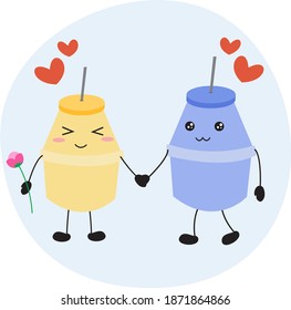 vector illustration image of cute character, fermented milk bottle made of plastic. in love and holding hands. for logos, symbols, icons, wallpapers, backgrounds, android app or web