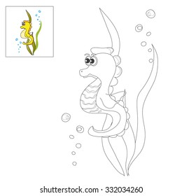 Vector illustration. The image of a cute little seahorse in the seaweed. Picture for coloring with a color sample.