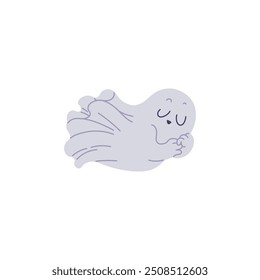 Ilustración vectorial con una Imagen un lindo fantasma volador dormido sereno sobre un fondo blanco. Una pegatina aterradora pero festiva es perfecta para decoraciones de Halloween