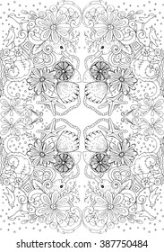 Vector illustration with the image of decorative birds, flowers, shells, starfish, leaves and abstract elements painted by hand with black pen on a white background