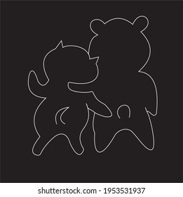 A vector illustration image depicting a bear and a cat hugging, on black background