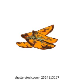 Vector illustration with the image of a dish of pieces of fried sweet potatoes, decorated with a sprig of dill. Hand-drawn cooked potato on an isolated background.