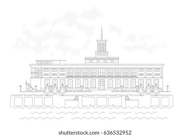 Vector illustration image of Dnipro Dniepr River Port on Poshtova Pochtovaya Square Kyiv Kiev Ukraine. Front facade front view. Famous Stalin skyscraper building. Tourism place.