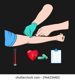 Ilustración vectorial imagen de un médico usando una aguja para extraer sangre de un investigador Para comprobar el cuerpo