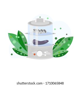 Vector illustration. Image of a double boiler in two tiers with vegetables. Flat style. Concert from a double boiler, greens and blue background