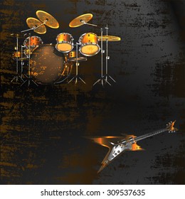 vector illustration image of drum set and electric rock guitar on rusty metal background. You can use as a template for flyers, posters or separately.