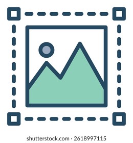A vector illustration of an image editing icon.  The icon features a rectangular frame with a landscape graphic inside.