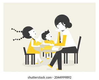 Vector illustration image of family relation.Mother and kids happy talking at dining table.Discussing about thier books or story telling.Happy bonding family.