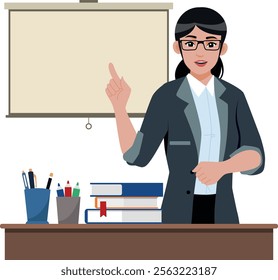vector illustration image of a female teacher teaching in front of the class