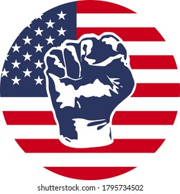 Vector Illustration - The Image Of The Fist Icon And The American Stars And Stripes Flag In A Circle. Protest Sign For Justice And Human Rights And BLM In The USA