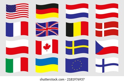 Vector illustration. Image flags of European countries, EU, flags of the USA and Canada. Eps 10