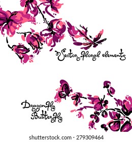 Vector illustration with image of flowers, butterflies and dragonflies.