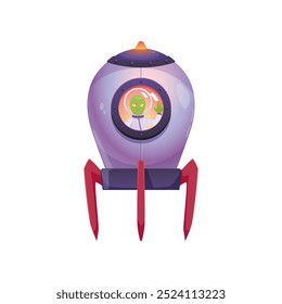 Vector illustration with the image of a flying alien rocket from the porthole of which a green humanoid in a spacesuit waves. Spaceship UFO. Flat style. Element for design. Isolated background.