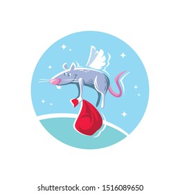 Vector illustration with the image of a flying cartoon rat with a red bag of gifts in its paws.