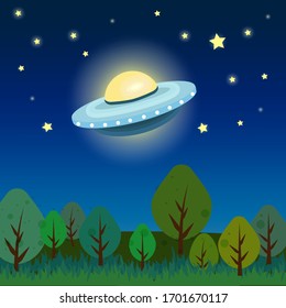 Vector illustration. Image of a flying saucer in the night sky over the forest. Concept with UFO.