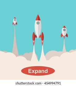 Vector an illustration with the image of the flying-up rockets. flat start of the rocket.Space travel..Project start up.Design elements for a banner, leaflets for business.