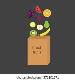 Vector illustration with the image of fresh fruits falling into a paper bag.
